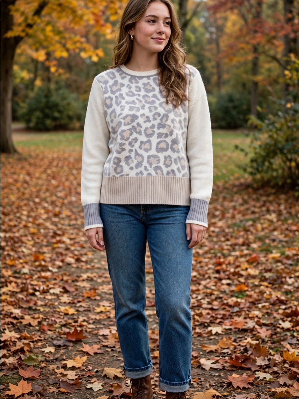 beachlunchlounge Cream and Light Gray Leopard-Print Crewneck Sweater